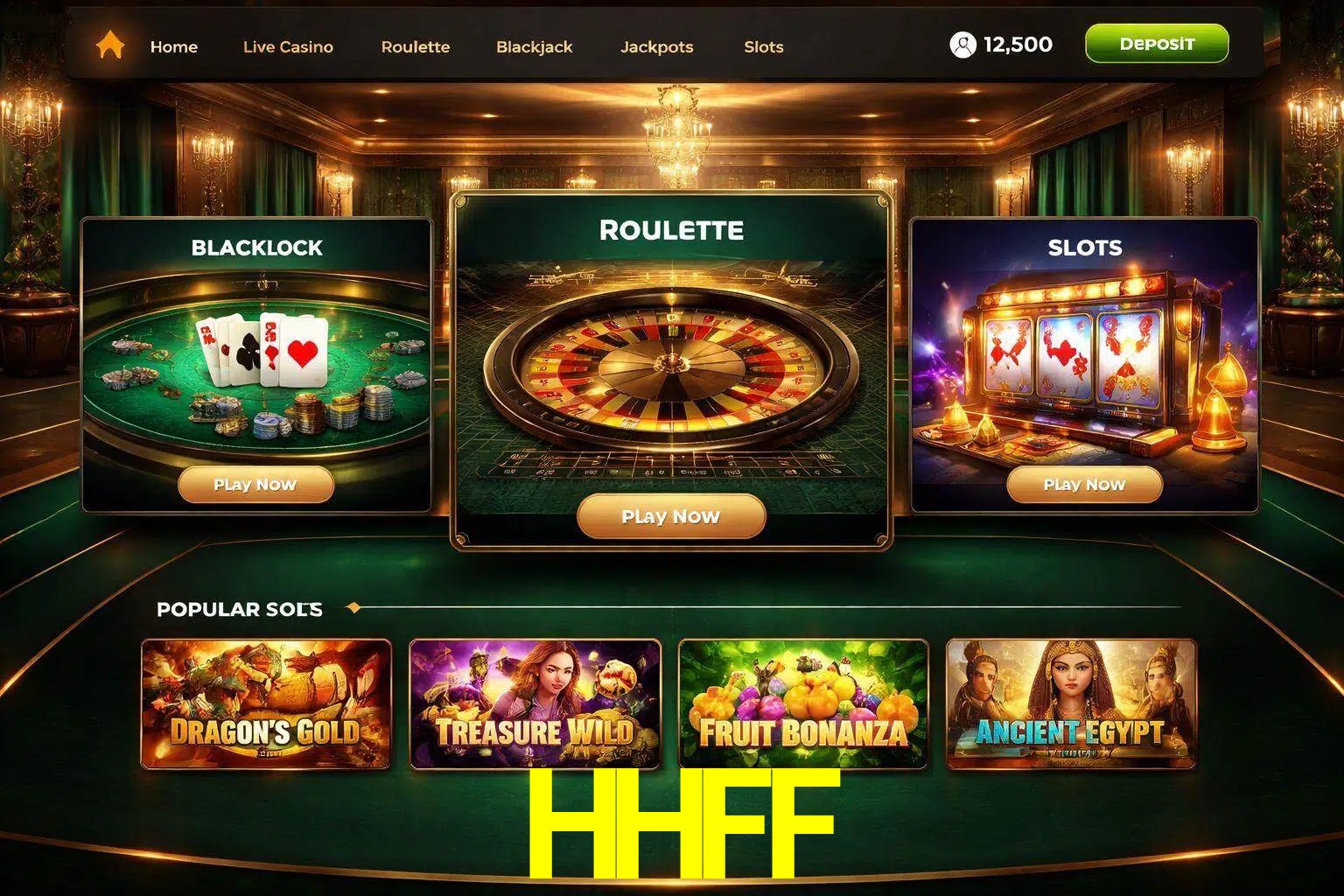 Vista de la plataforma HHFF Casino mostrando categorías organizadas de juegos en línea