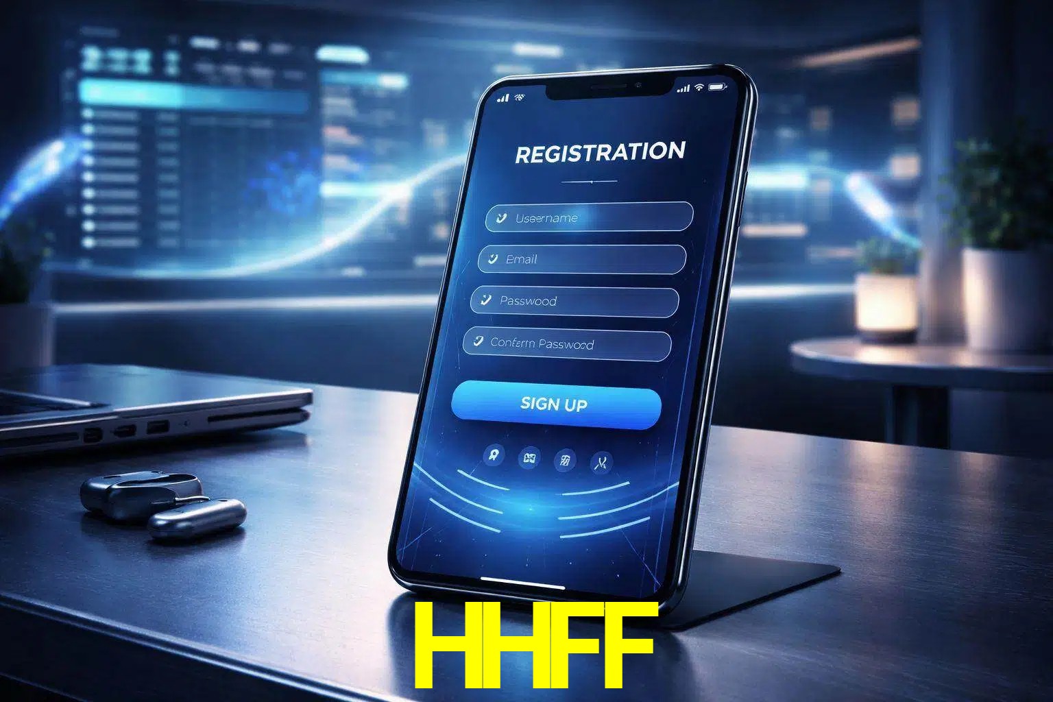 Una interfaz moderna de registro móvil para HHFF mostrada en un smartphone con un panel de apuestas elegante.